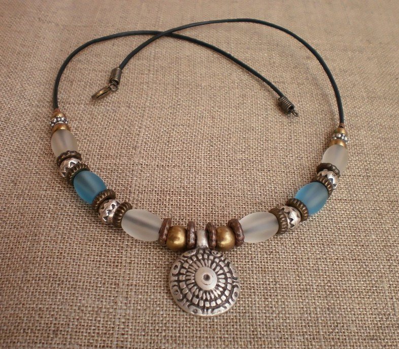Necklace Copper Silver Bronze Beads Tuquoise White Glass Beads Silver Pendant Handcrafted Jewelry