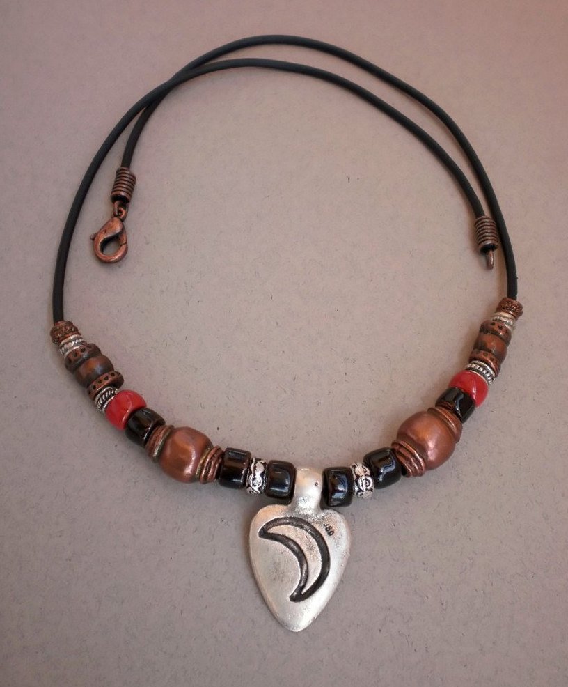 Necklace Copper Silver Bronze Beads Red Black Ceramic Beads Silver Pendant Handcrafted Jewelry