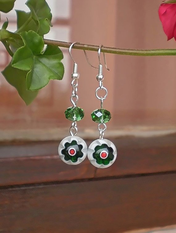 Green/ White Millefiori Floral Beads & Green Crystal Beaded Green/ White Handcrafted Jewelry
