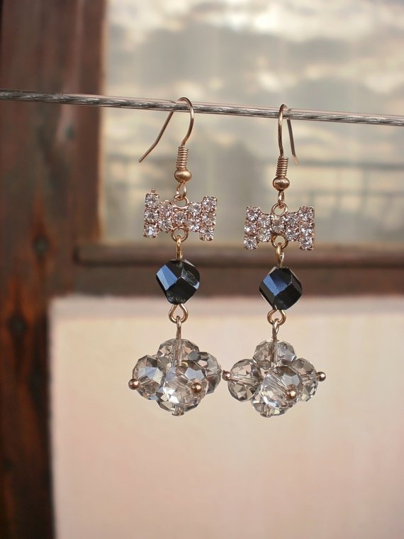Crystal Beaded Earrings Hard Coal & Smoky Grey Crystal Bows Earrings Handcrafted Designer Jewelry