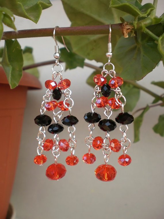 Wonderful Earrings Orange/ Brigth Red & Jet Black Crystal Beaded Dangle Earrings Original Jewelry