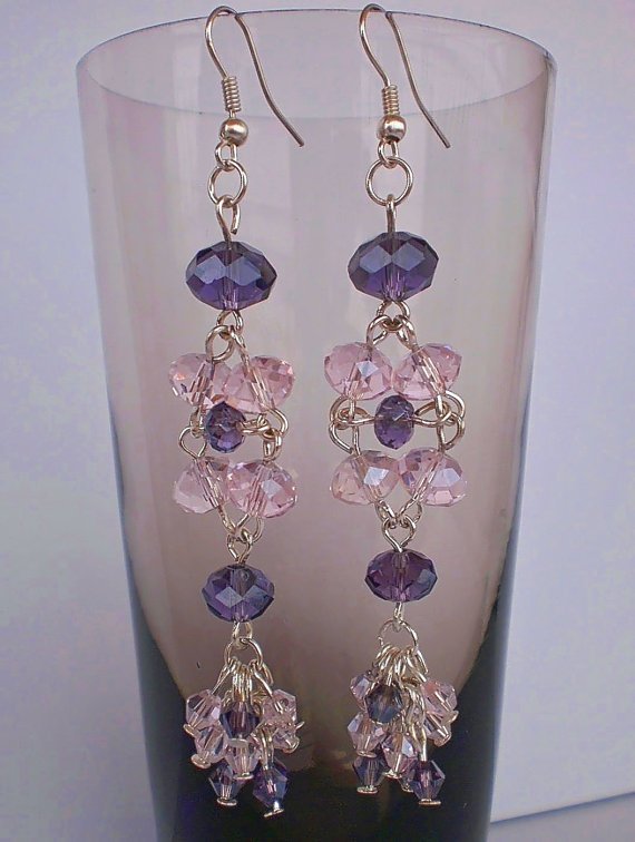 Purple Velvet & Light Rose Dangle Crystal Beaded Earrings Original Handcrafted Disigner Jewelry