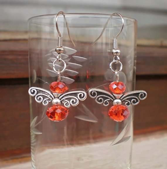 Original Earrings Red Bees, bee Butterfly Crystal Beaded Dangle Earrings Handcrafted Gift Jewelry