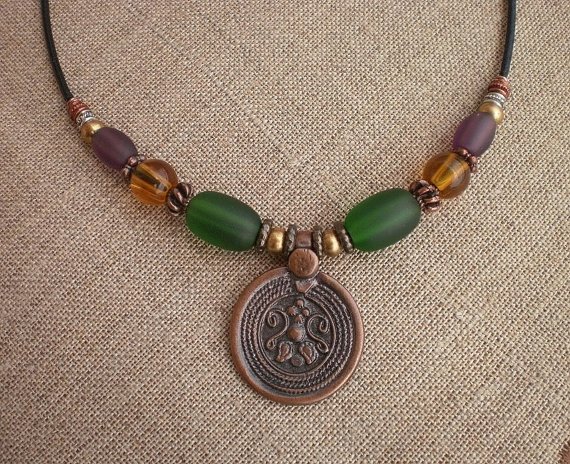 Necklace Copper Silver Bronze Beads Med Emerald Green Purple Topaz Glass Beads Copper Pendant