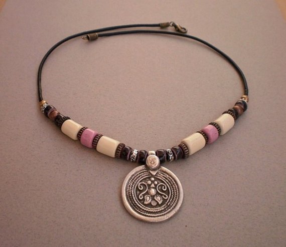Necklace Copper Silver Bronze Beads Cream Ivory Pale Rose Ceramic Beads Silver Pendant