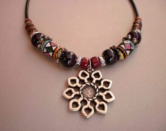 Necklace Copper Silver Beads Garnet Dark Purple Colorful Ceramic Beads Silver Sunflower Pendant