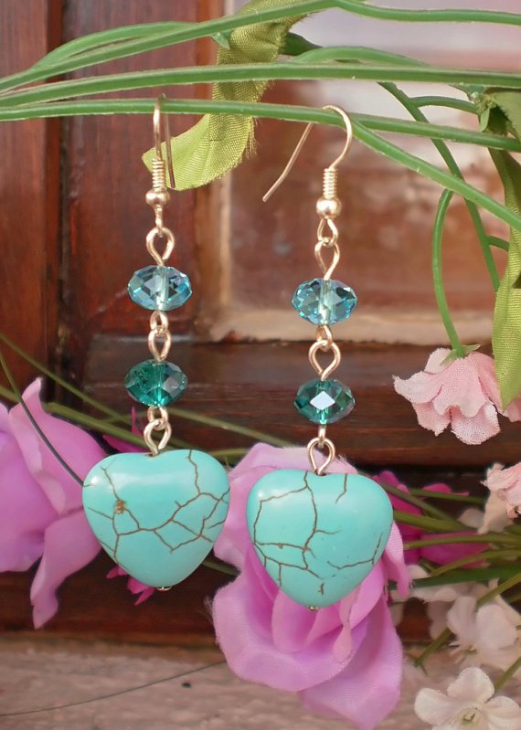 Turquoise Semi-Precious & Emerald Blue Zircon Crystal Beaded Earrings Heart Dangles Earrings
