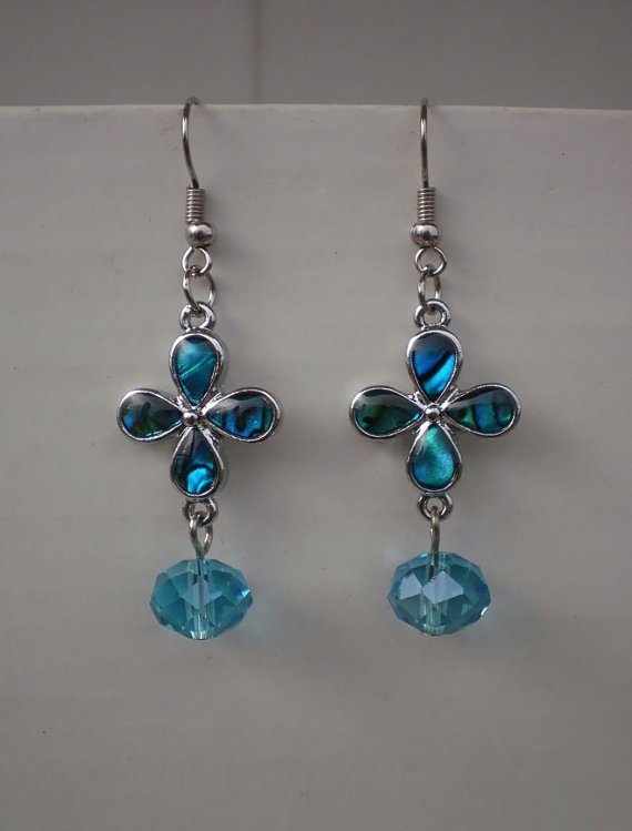 Poyal Blue Mother of Pearls Earrings Crystal Beaded Flower Earrings Handcrafted Designer Jewelry