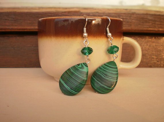 Natural Semi-Precious Malachite Emerald Green Crystals Dangle Drop Earrings Unique Design