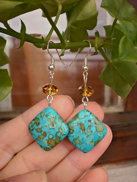 Natural Mosaic Turquoise Blue Earrings Crystal Beaded Earrings Beadwork Handcrafted Jewelry