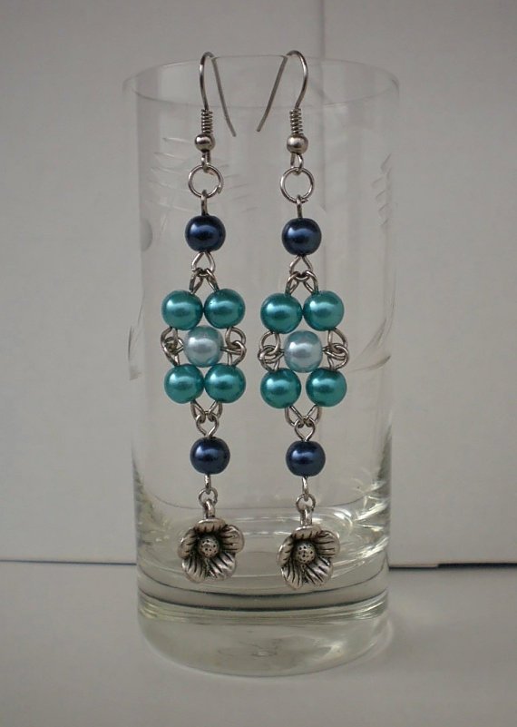 Pale Sky, Navy,Turquoise Blue Glass Pearl Earrings Flowers Dangle Beaded Earrings Original Gift