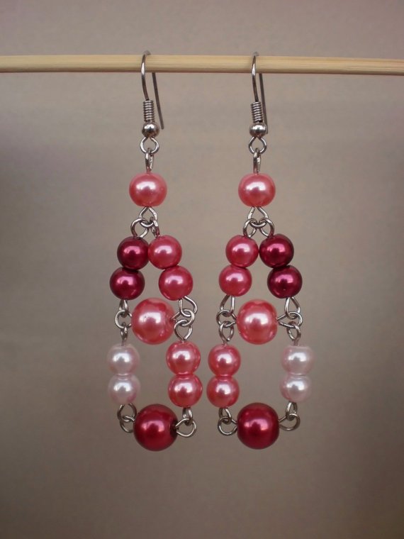 Handcrafted Ivory Rose Peach Wine Red Glass Pearl Dangle Beaded Earrings Original Designer Jewelry