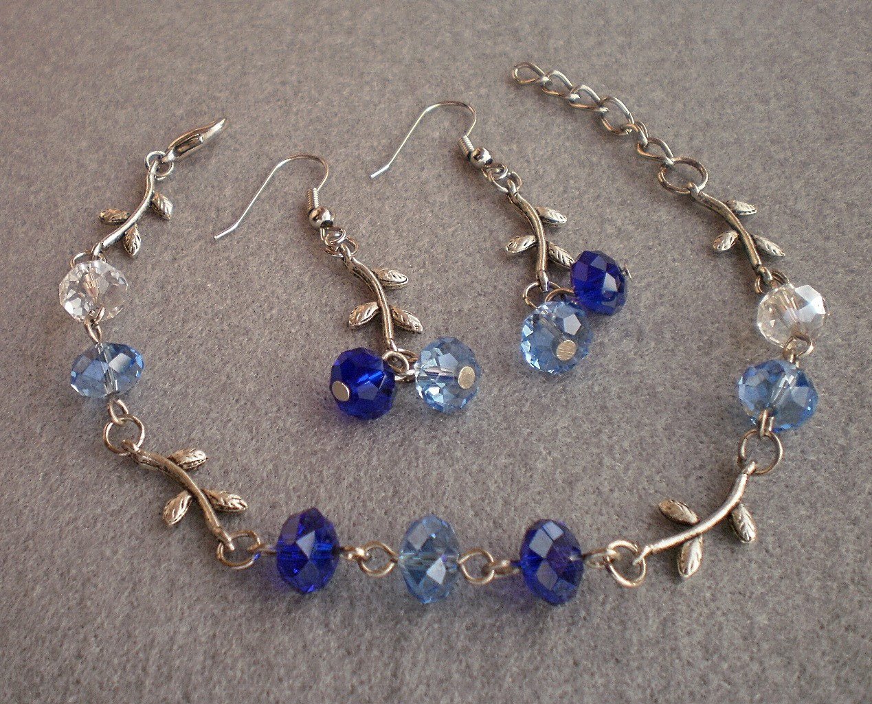 Sapphire Blue /Dark Cobalt Crystal Beaded Bracelet & Earrings Handmade Gift Jewelry Flower Leaft