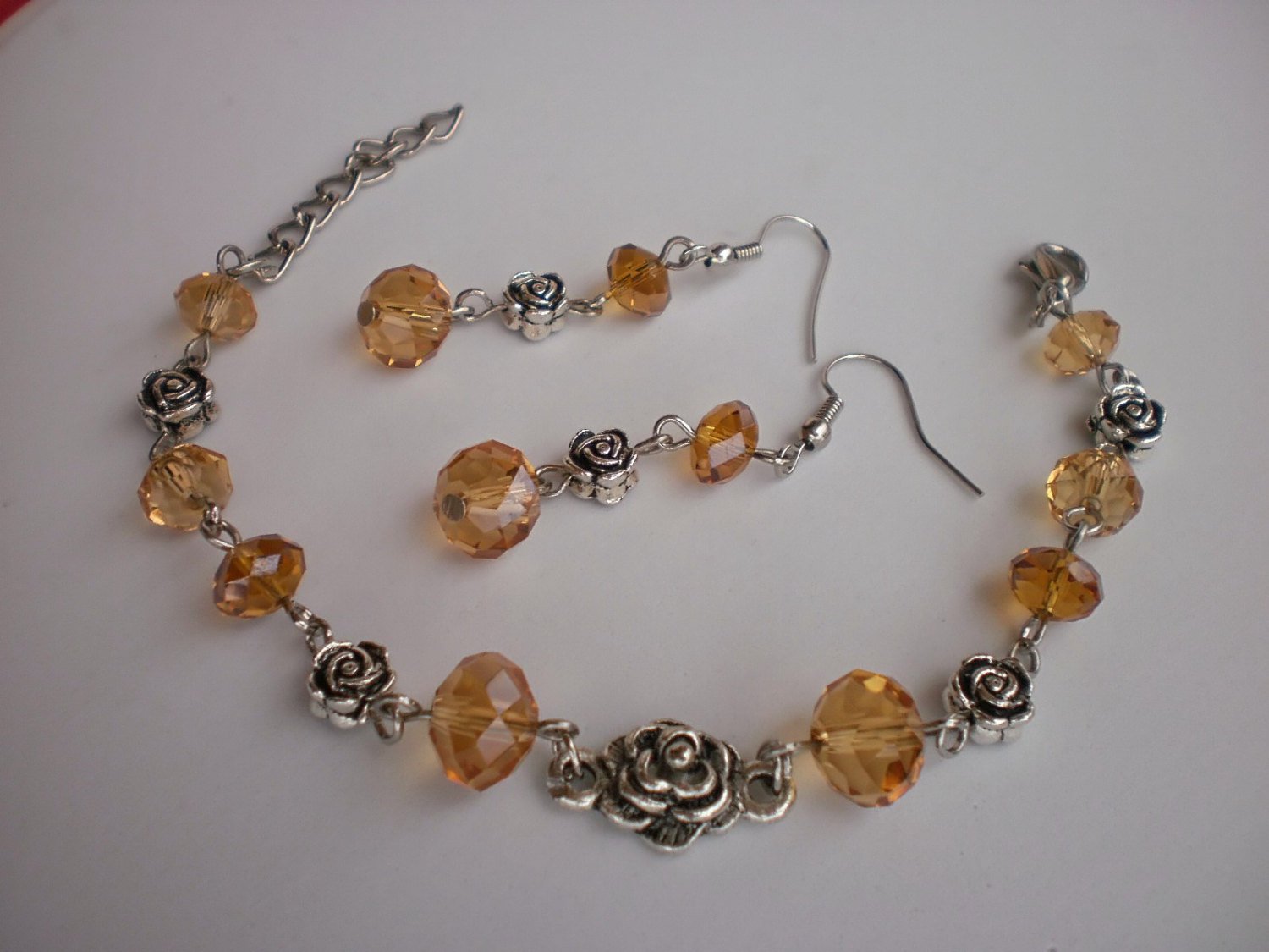 Crystal Beaded Bracelet & Earrings "Golg Autumn" Roses Handcrafted Jewelry Original Gift