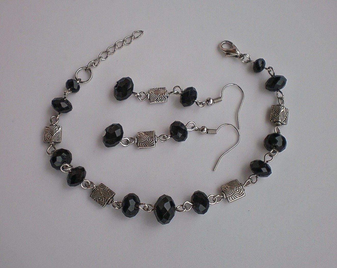 Jet Black Crystal Beaded Bracelet & Earrings Handcrafted Unique Design Jewelry Gift