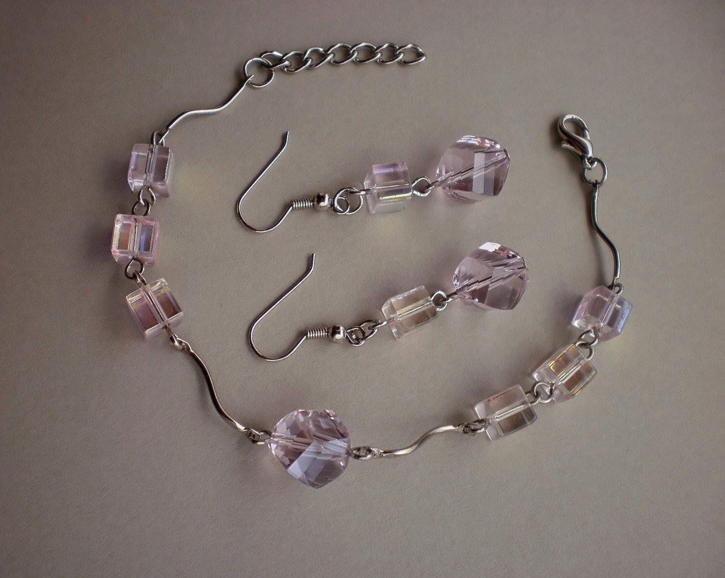 Pink Hameleon Light Rose Crystal Beaded Cubes Bracelet & Earrings Handcrafted Designer Jewelry Gift