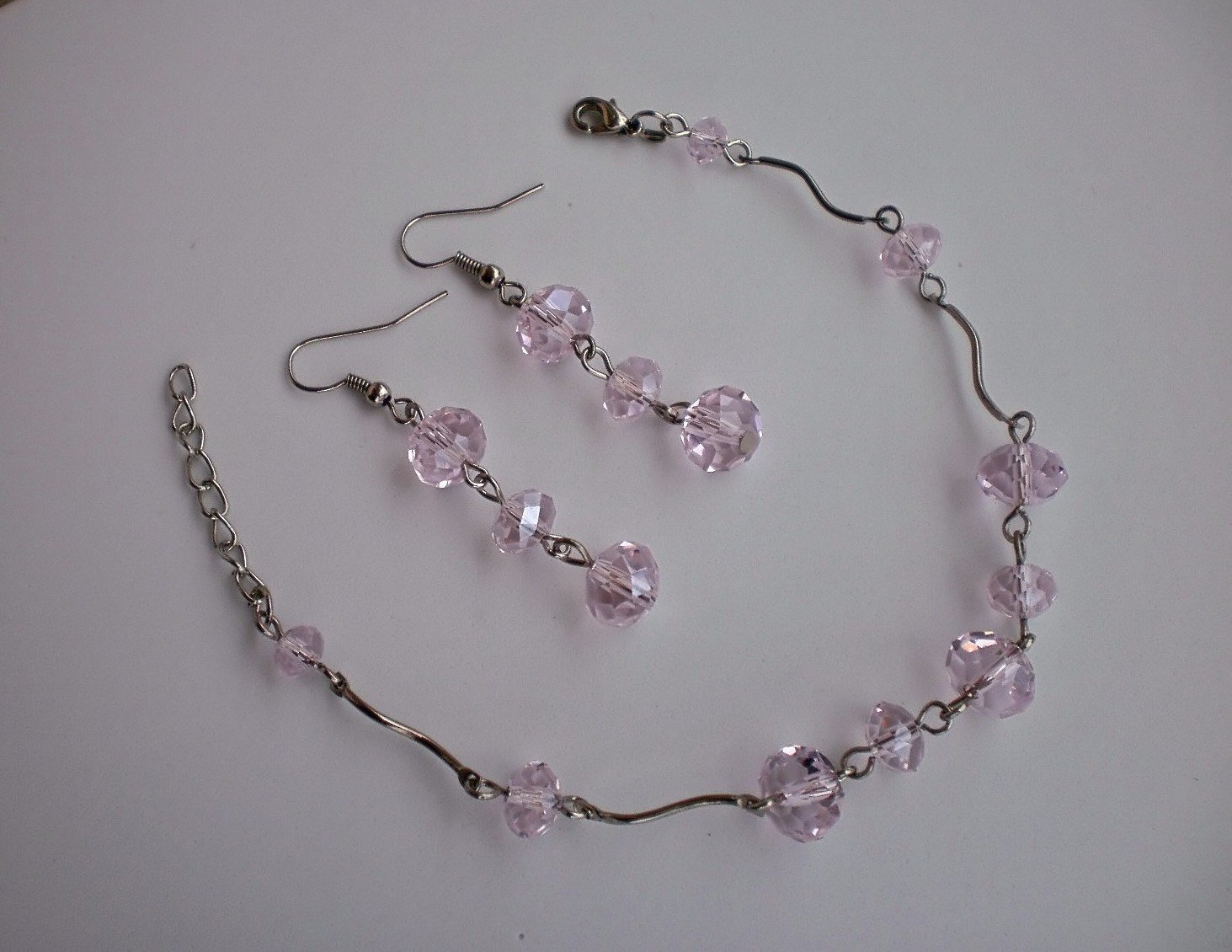 Chining Crystals Beaded "Candy-floss" Light Pink Rose Bracelet & Earrings Handcrafted Jewelry