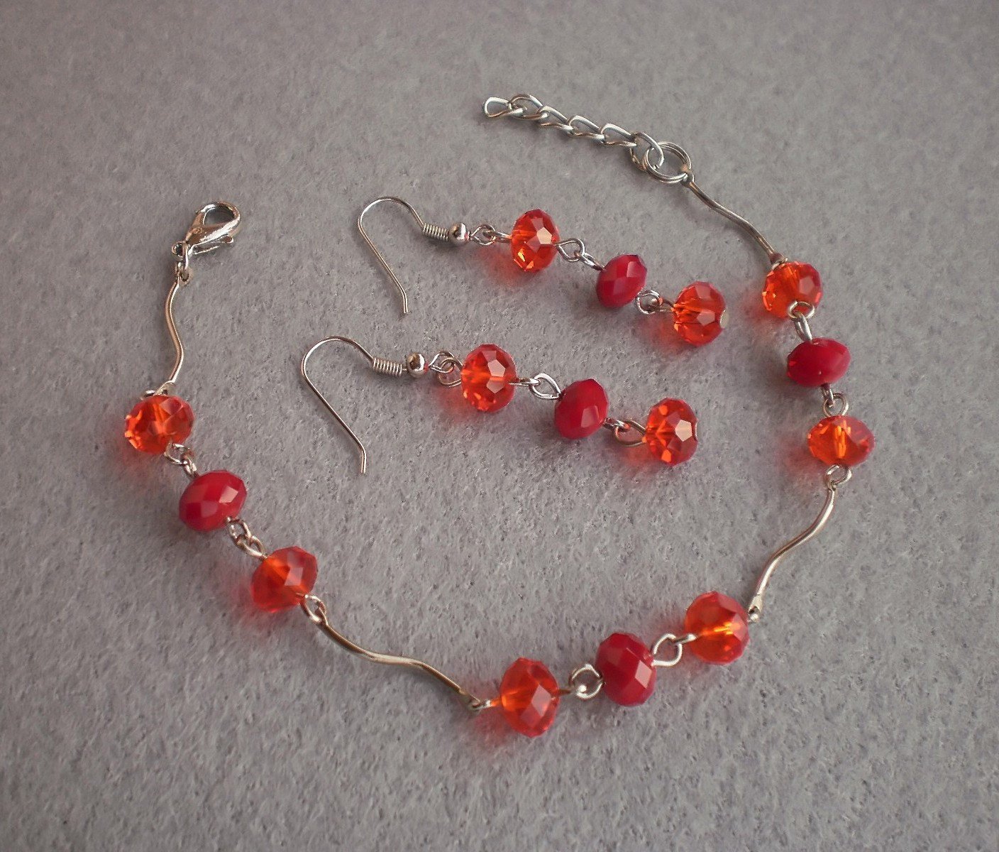 Light Siam/ Dark Red Coral Crystal Braselet & Earrings Handmade Bracelet Handmade Jewelry Gift