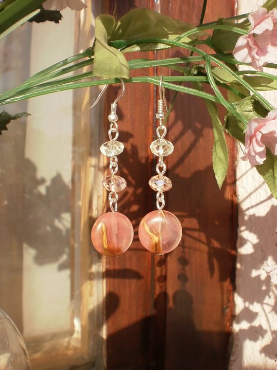 Agate Crystal Beaded Peach Earrings Semi-Precious Stone Earrings Handcrafted Designer Jewelry