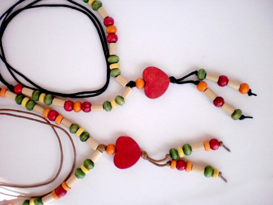 Natural Wood Necklace Heart Pendant Wood Summer Mix Colors Wooden beaded necklace
