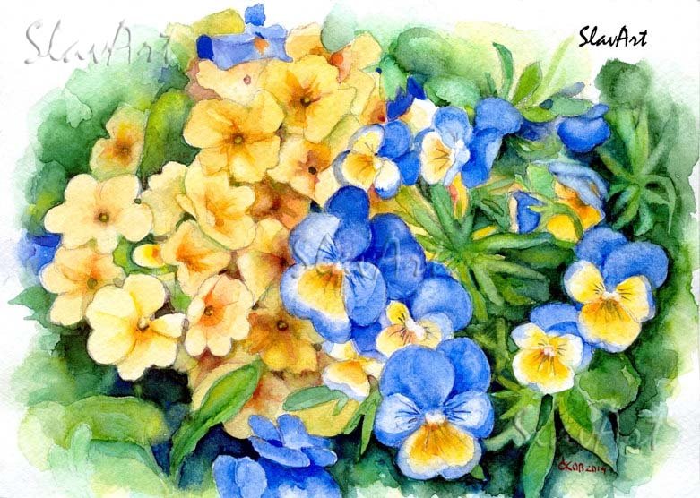 Watercolor painting Oxlip Pansy Yellow Blue flowers Print Fine art Spring Summer garden Home decor