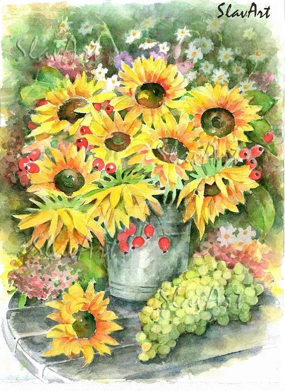 Sunflower bouquet Watercolor print Floral painting Realistic yellow sommer garden flowers Home decor