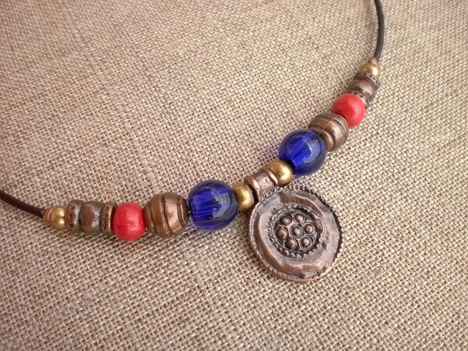 Necklace Copper Silver Bronze Beads Indigo Blue Glass Beads Red Polymerclay Beads Copper Pendant