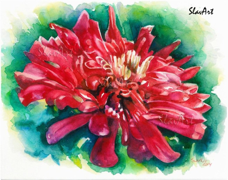 Red flover Dahlia Watercolor painting Fine art Realistic Summer garden Home decor Gift