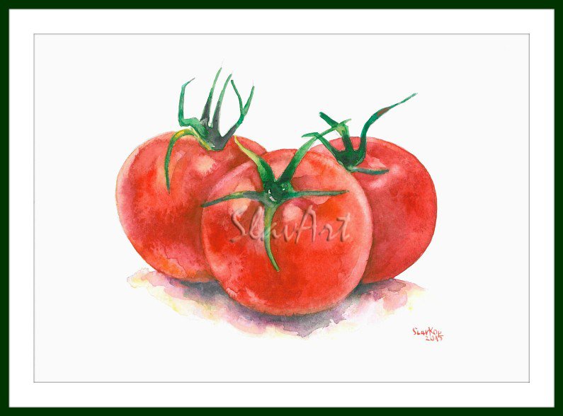 Greens Art - PaintingTomatoes Food Still Life Print Watercolor Home Decor Realistic Kitchen