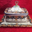 Antique French Faience Hand Painted Covered Sardine Box w Attached Underplate, ff409