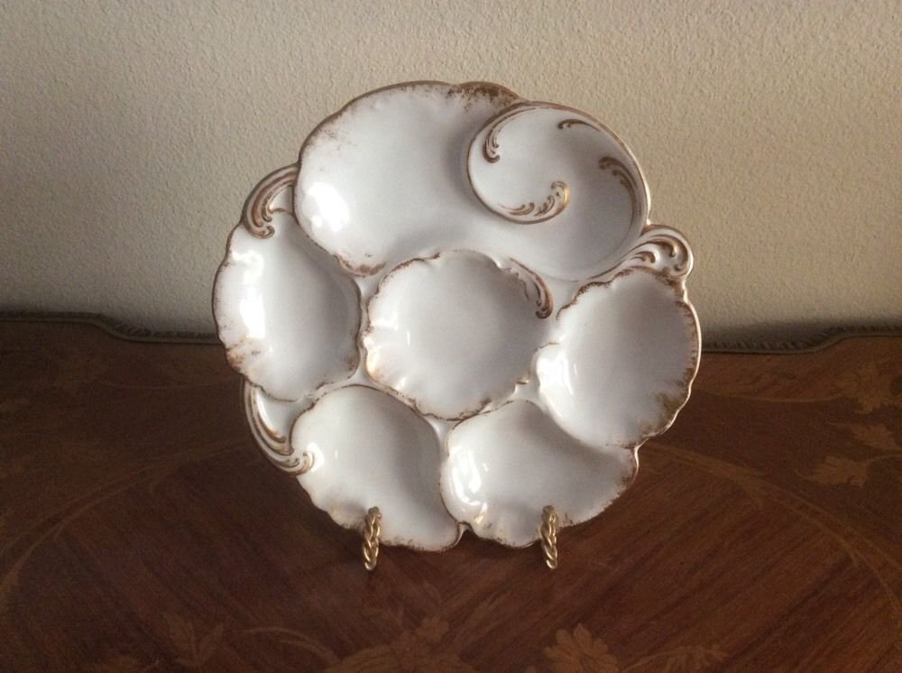 Antique CFH Haviland Gold & White Oyster Plate w Cracker Well Rare! c1800's,  op254