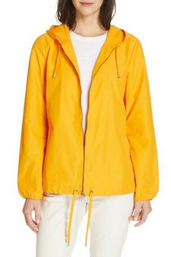 $258 Eileen Fisher Sz M Mango Yellow Hooded Zip Up Drawstring Waist Rain Jacket