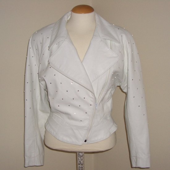 80s White Leather Rhinestone Jacket Biker Style by Phoenix