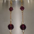 Purple Glass Bead Dangling Earrings Handmade Gold Tone Chain Chandelier