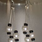 Black and White Faux Pearl Earrings Handmade Silver Tone Dangle Hook