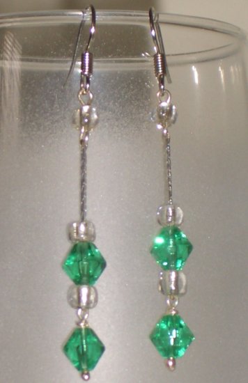 Emerald Chandelier Dangling Hook Earrings Handmade with Silver Tone Chain Glass Beads