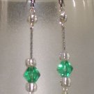 Emerald Chandelier Dangling Hook Earrings Handmade with Silver Tone Chain Glass Beads