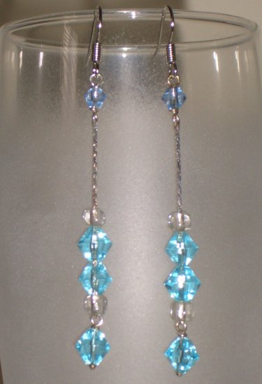 Blue Icicles Dangling Hook Earrings Handmade with Silver Tone Chain Glass Beads