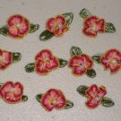 Lot of 30 Pink Gold Ribbon Flowers Rosebuds White Pearl Centre Green Leaves Sewing Craft