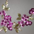 Pink Flowers Iron-on Sequins Applique with Green Leaves for Sewing Crafts