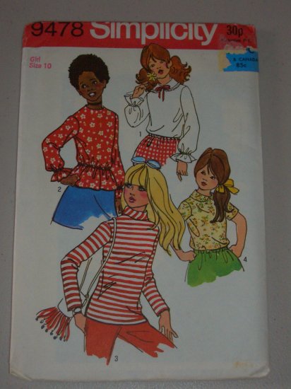 Simplicity Sewing Pattern 9478 Girls' Blouses Size 10 Uncut Retro Blouses Long Short Sleeves