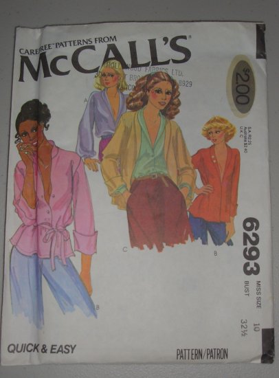 1978 McCall's Pattern 6293 Blouse Jacket Size 10 Uncut Vintage 70s