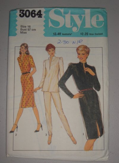 1980 Style Pattern 3064 Dress Set Size 16 Uncut Retro Puff Sleeve Dress ...