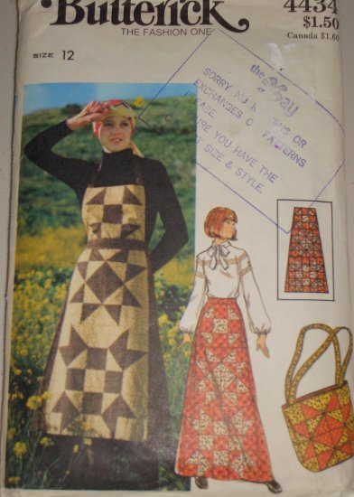 Misses' Patchwork Jumper Purse Sz 12 Retro 70s Butterick Sewing Pattern 4434 Pinafore Skirt Bag