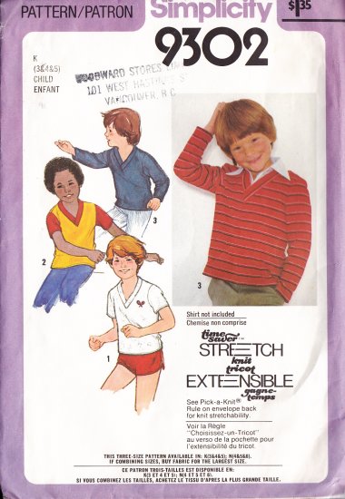 CUT Children's Knit Pullover Tops Sizes 3-5 Simplicity 9302 Boys' Girls' T-shirts Long Short Sleeves