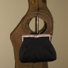 Black Satin Vintage Clutch Purse Silver Rhinestone Kisslock Frame Evening Handbag Retro Peau De Soie
