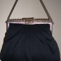 Black Satin Vintage Clutch Purse Silver Rhinestone Kisslock Frame Evening Handbag Retro Peau De Soie