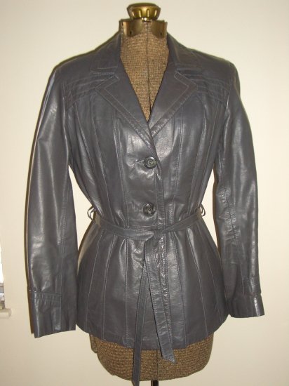 Hipster 70s Grey Leather Jacket by Cosa Nova Vintage Mod Retro Notched Collar Pleated Belted Coat
