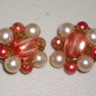 Coral White Baroque Faux Pearls Retro Cluster Earrings Clip-on Vintage Elegant Chic Ladylike Glamour