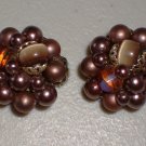 Plum Faux Pearl Cluster Earrings Vintage Clip-on Classic Elegant Retro Purple Glass Beads Femme Chic